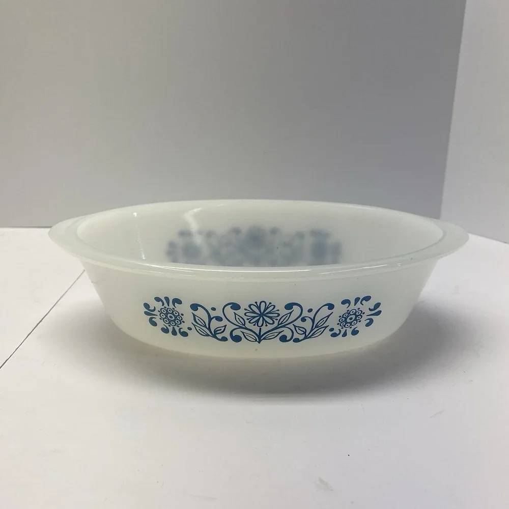 Glasbake Vintage J-235 Casserole Dish 1Qt Navy Blue Flower Pattern Microwaveable